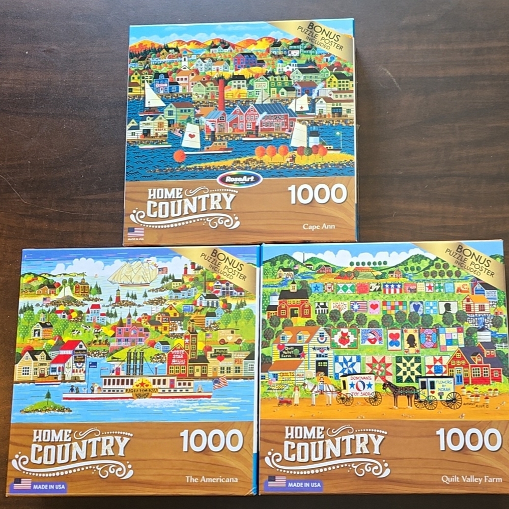 RoseArt Home Country 1000 Pc Puzzles Lot Of 3 Cape AnnAmericana-Quilt Farm